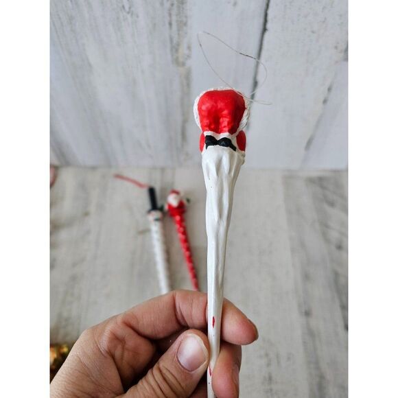 Vintage icicle pencil Santa snowman ornament set Xmas tree - Picture 4 of 11